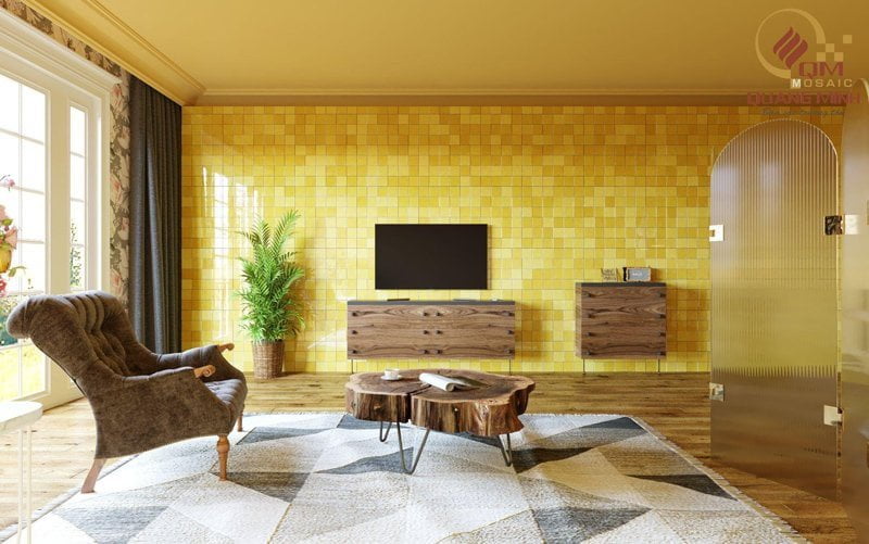Gạch mosaic gốm ốp lát phòng khách khiến không gian thêm sang trọng và hiện đại