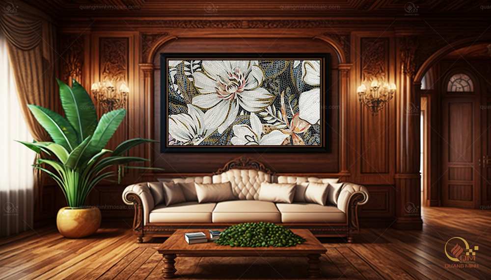 Tranh Gốm Mosaic Hoa Thược Dược QM-HTD01 là một lựa chọn tuyệt vời để trang trí phòng khách. Nó không chỉ mang đến sự sang trọng và độc đáo cho không gian, mà còn mang lại ý nghĩa về sức khỏe và thịnh vượng.