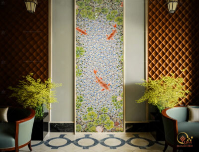 tranh sen cá được trang trí trong đại sảnh phòng khách sạn