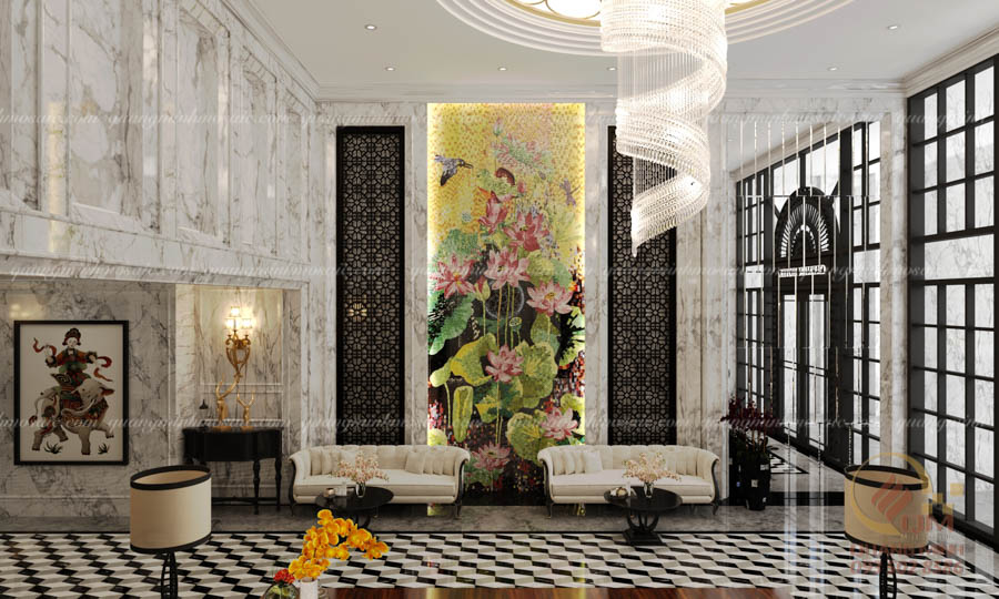 Trang trí tường chính phòng khách để tăng sự trang nhã bằng tranh Gốm Mosaic Sen Hồng Liên QM-SHL03