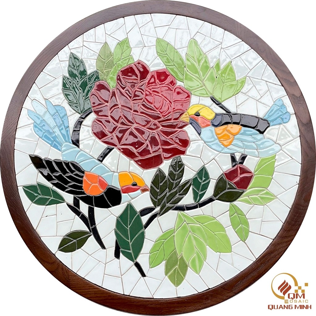 Bàn Tròn Mosaic Gốm – Đôi Chim Uyên Ương QM-BT25