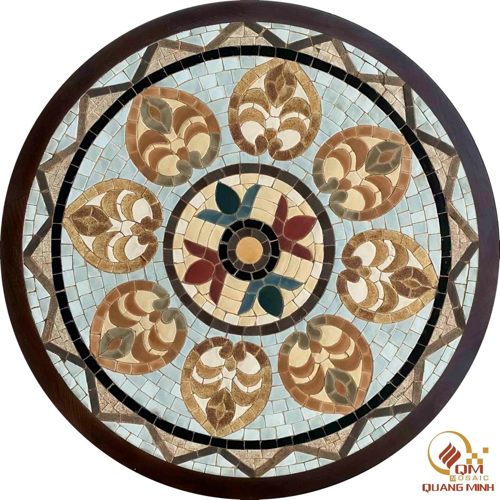 Bàn tròn Trà, Cafe bằng Gốm Mosaic – Họa tiết Diệp Đề QM-BT18