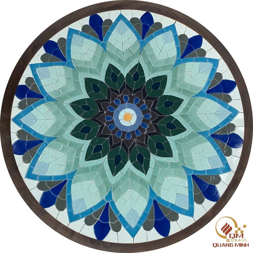 Bàn tròn Trà, Cafe bằng Gốm Mosaic – Họa tiết Đuôi Công QM-BT21