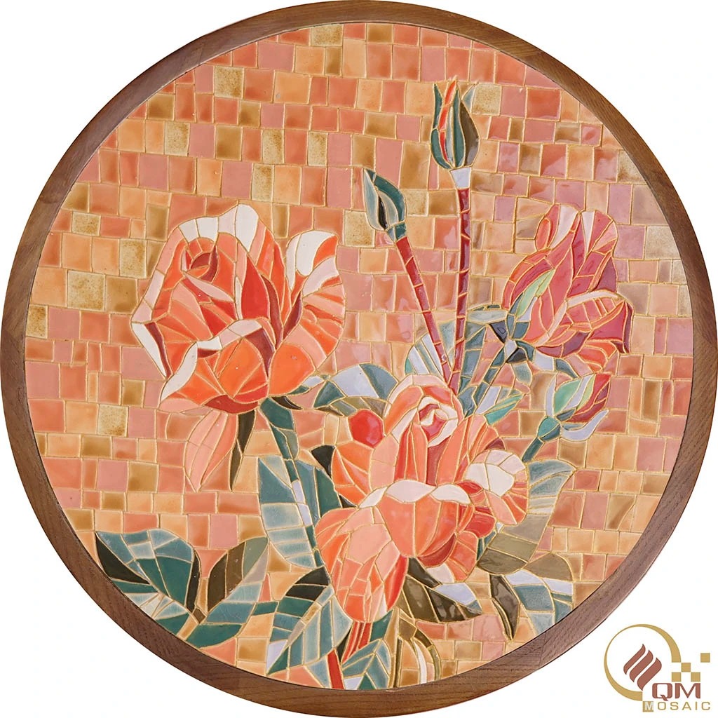 Bàn tròn Trà, Cafe bằng Gốm Mosaic – Họa tiết Hoa Hồng QM-BT23