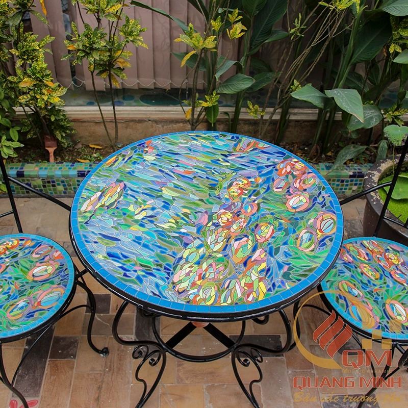 Bàn ghế Sân vườn Mosaic Gốm – Water Lily – Monet QM-BT36