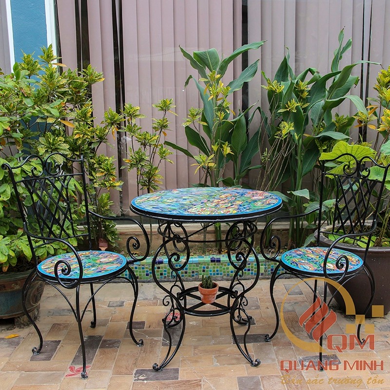 Bàn ghế Sân vườn bằng gốm Mosaic – Water Lily – Monet QM-BT36