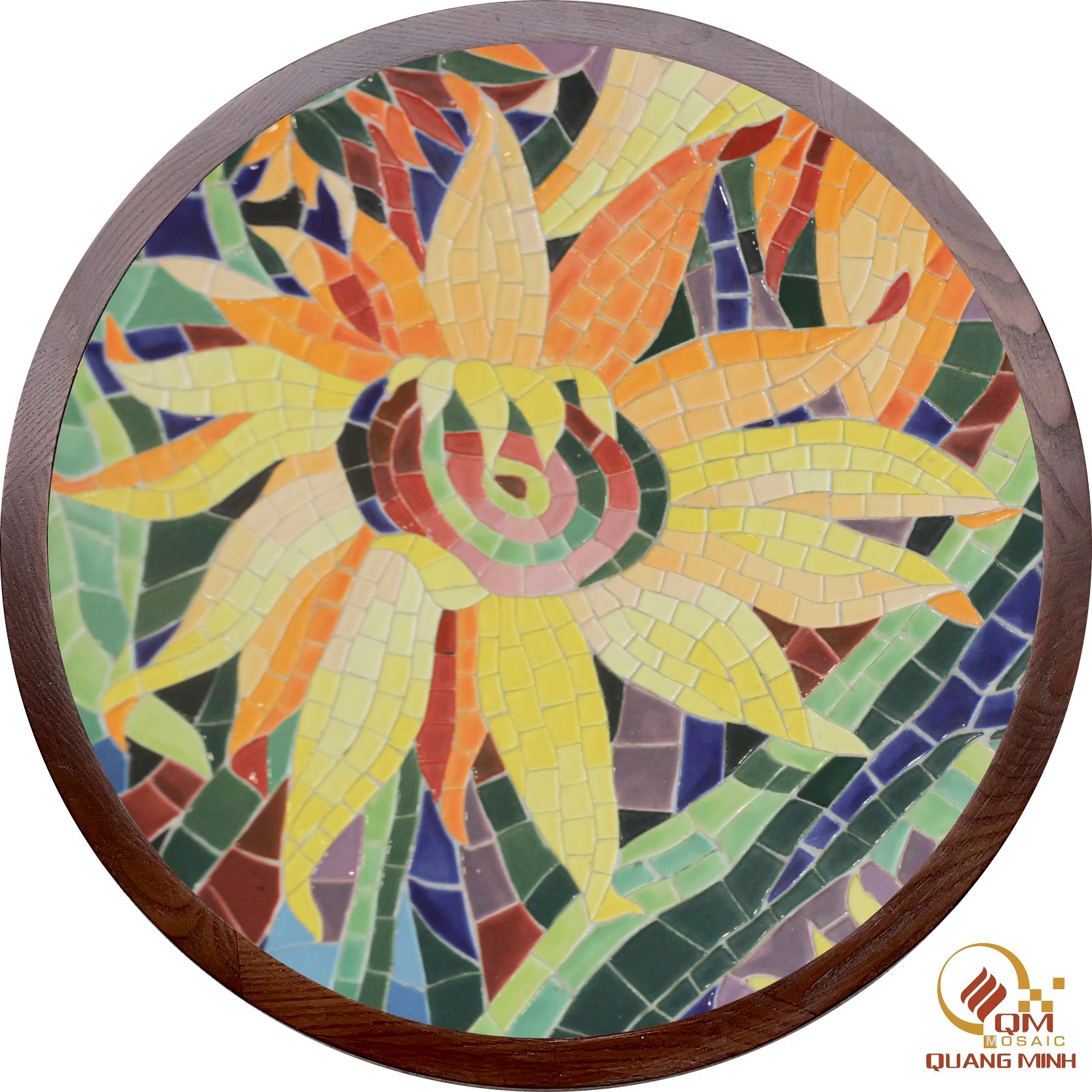 Bàn tròn Trà, Cafe bằng Gốm Mosaic – Họa tiết Hoa Mặt Trời QM-BT20