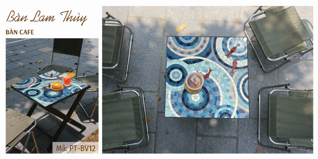 Bàn vuông Trà, Cafe bằng Gốm Mosaic – Họa tiết Lam Thủy QM-BT03