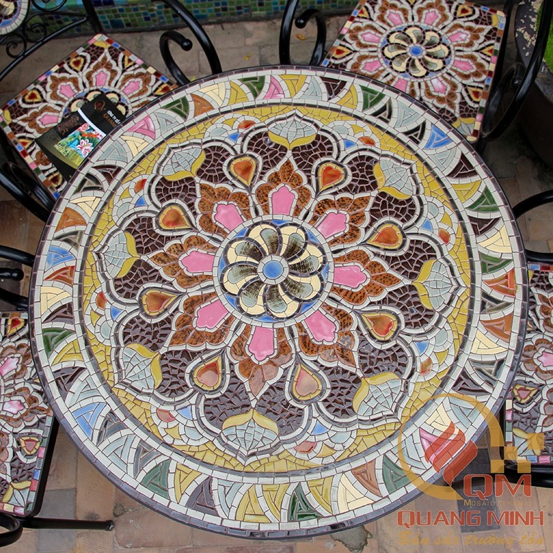 Bàn ghế Sân vườn Mosaic Gốm – Họa tiết Hoa văn QM-BT33