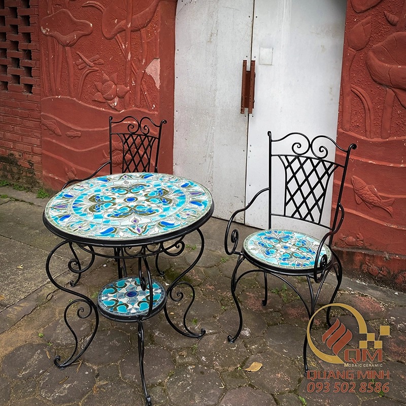 Bàn ghế Sân vườn Mosaic Gốm – Họa tiết Hoa xanh QM-BT34