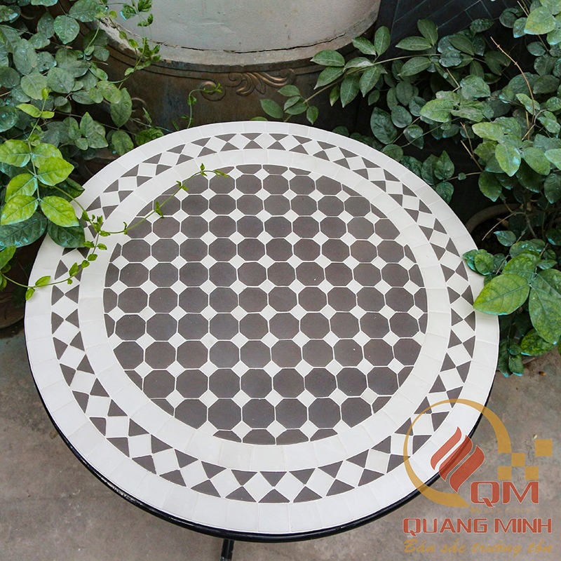 Bàn tròn Sân vườn bằng gốm Mosaic – Chấm Lục Giác Xám QM-BT39
