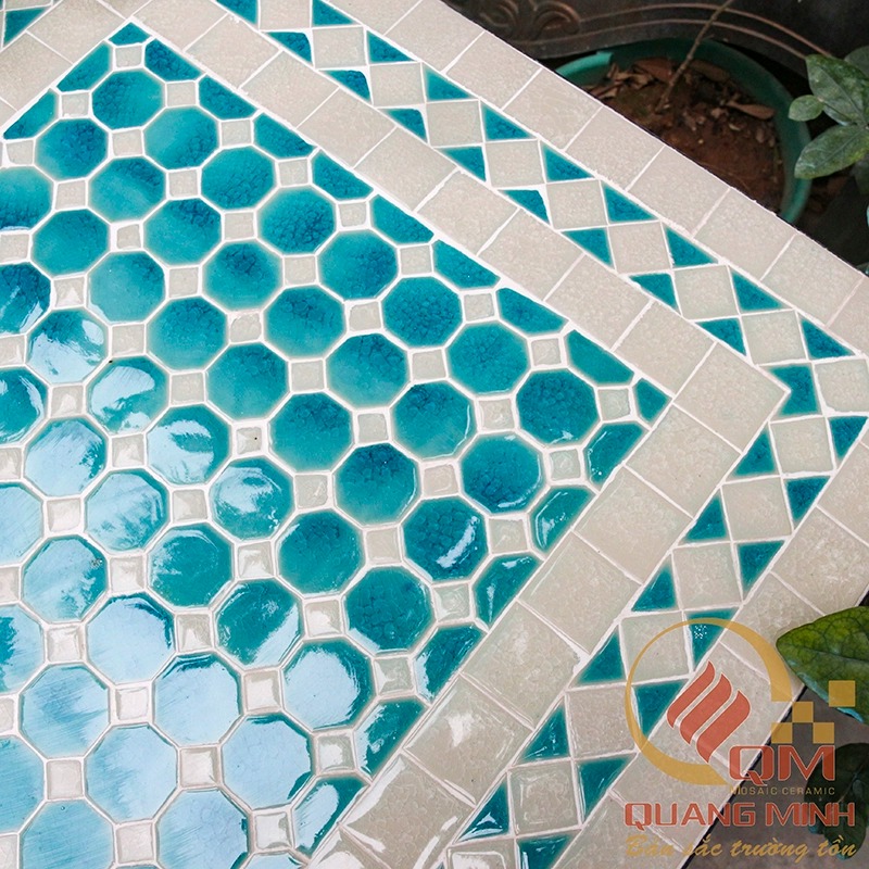 Bàn vuông Sân vườn Mosaic Gốm – Chấm Lục Giác Xanh QM-BT40