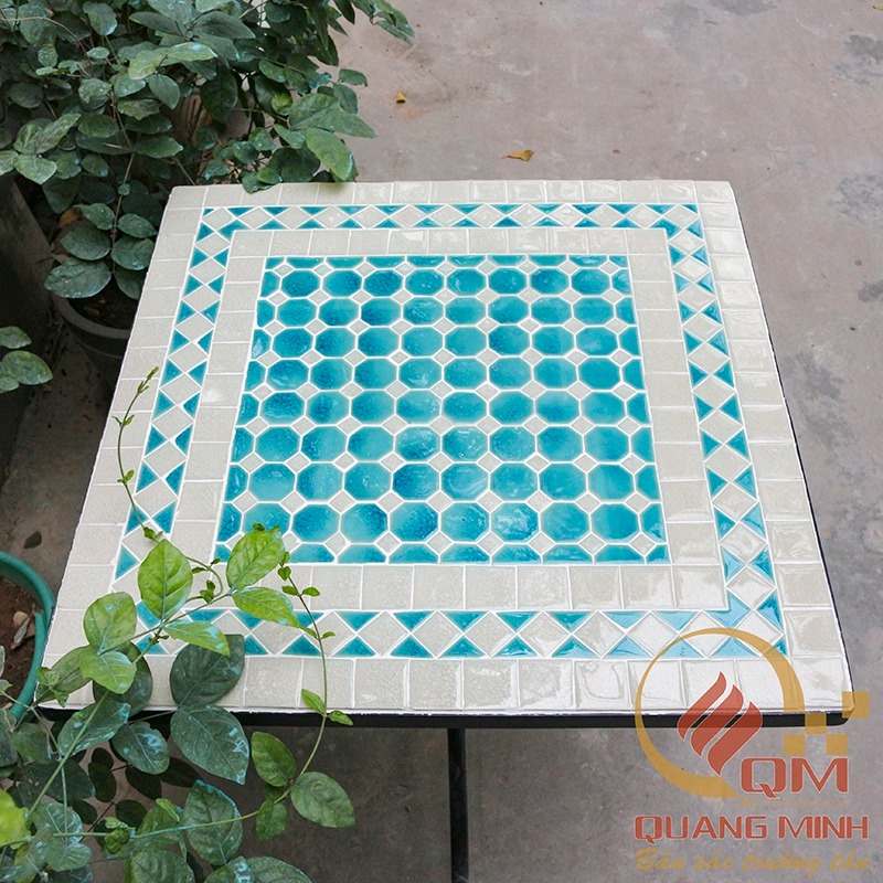 Bàn vuông Sân vườn bằng gốm Mosaic – Chấm Lục Giác Xanh QM-BT40