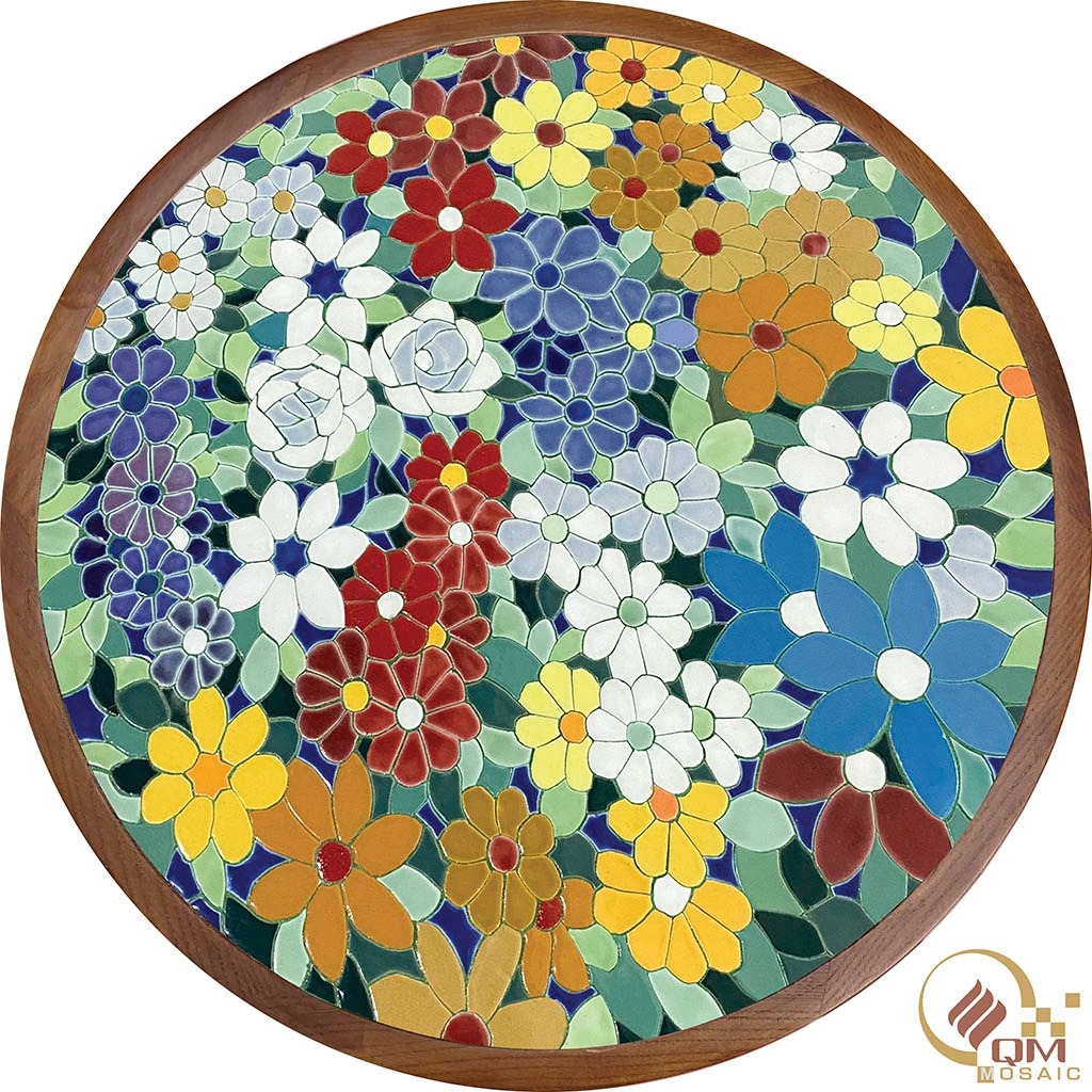 Bàn tròn Mosaic Gốm – Họa tiết Ngàn Hoa QM-BT29