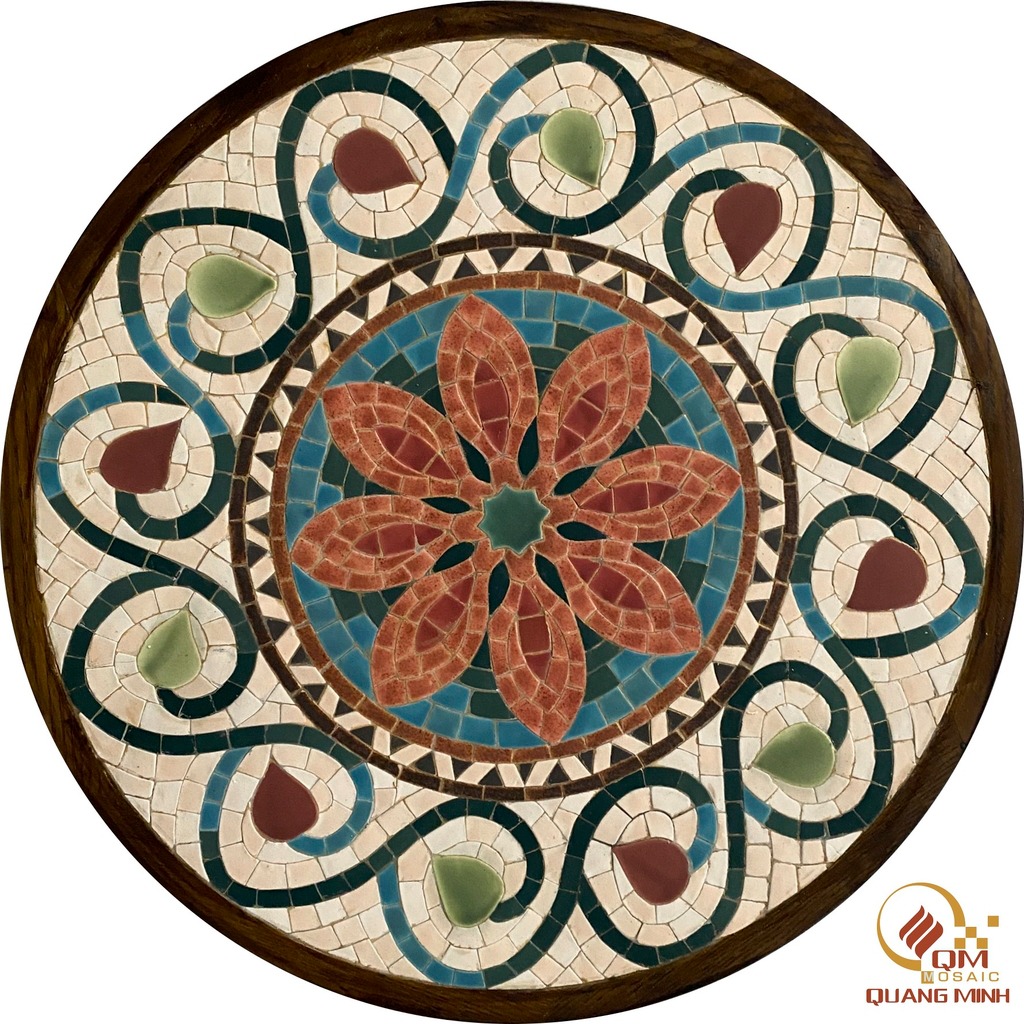 Bàn tròn Trà, Cafe bằng Gốm Mosaic – Họa tiết Olive QM-BT12