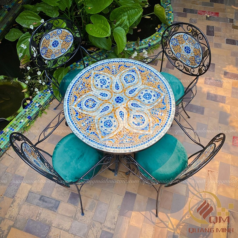 Bàn ghế Sân vườn bằng Gốm Mosaic – Họa tiết Hoa Sao QM-BT38