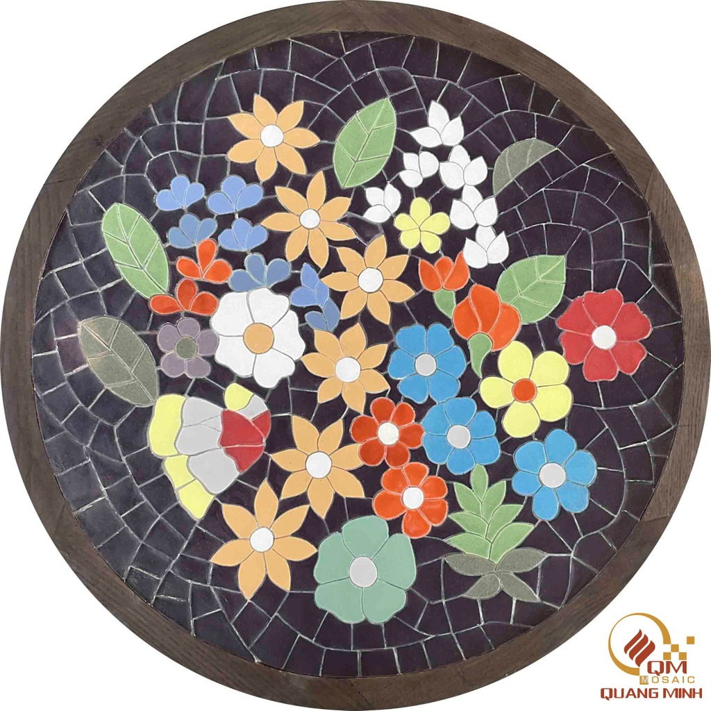 Bàn tròn Trà, Cafe bằng Gốm Mosaic – Họa tiết Thảo Hoa QM-BT17
