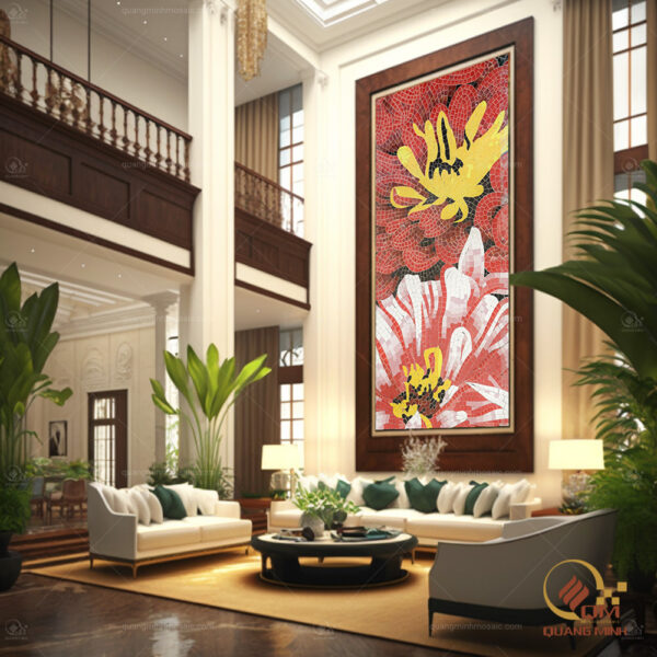 Tranh Gốm Mosaic Hoa Thược Dược Đỏ QM-HTD02 Trang trí trong đại sảnh biệt thự