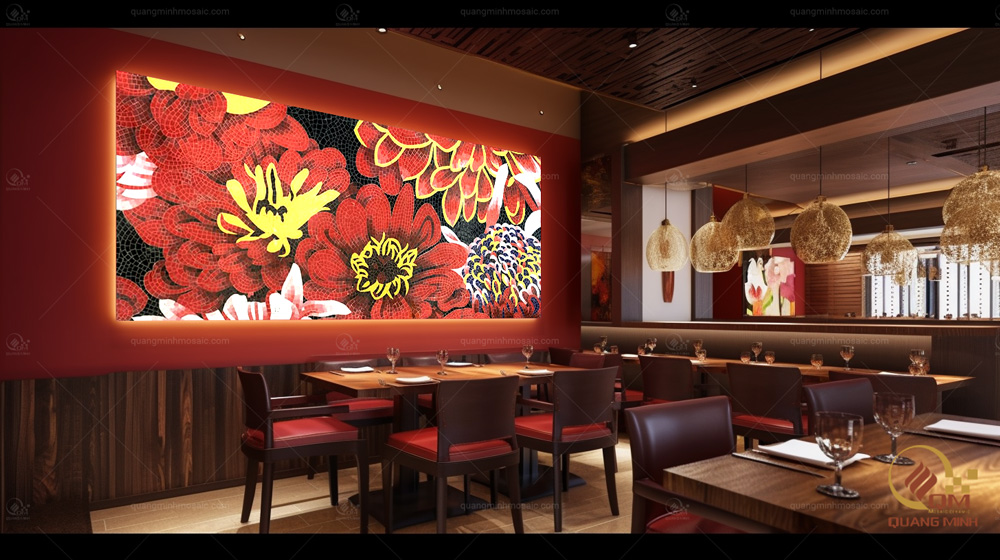 Tranh Gốm Mosaic Hoa Thược Dược Đỏ QM-HTD02 trang trí trong nhà hàng sang trọng