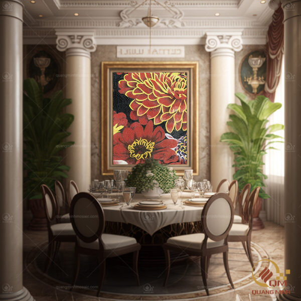 Tranh Gốm Mosaic Hoa Thược Dược Đỏ QM-HTD02 trang trí khu vực nhà hàng khách sạn