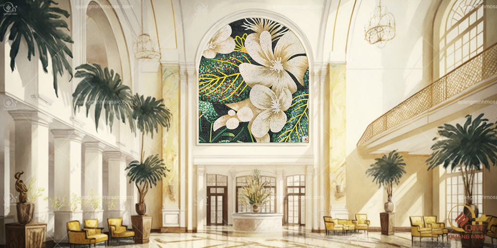 tranh mosaic hoa lá tại sản khách sạn