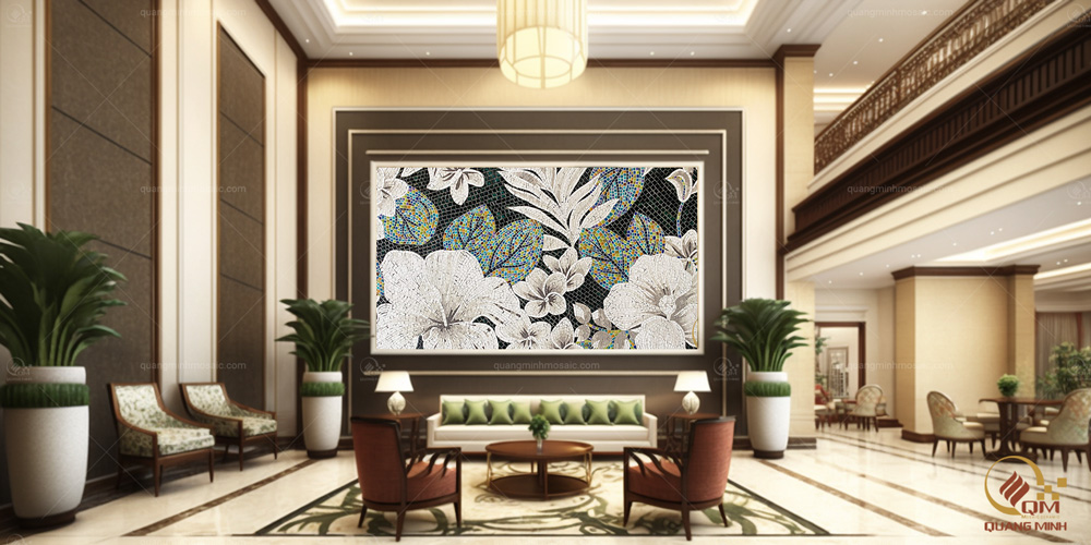 Tranh gốm mosaic trang trí tường khu vực sảnh đón khách, lễ tân khách sạn