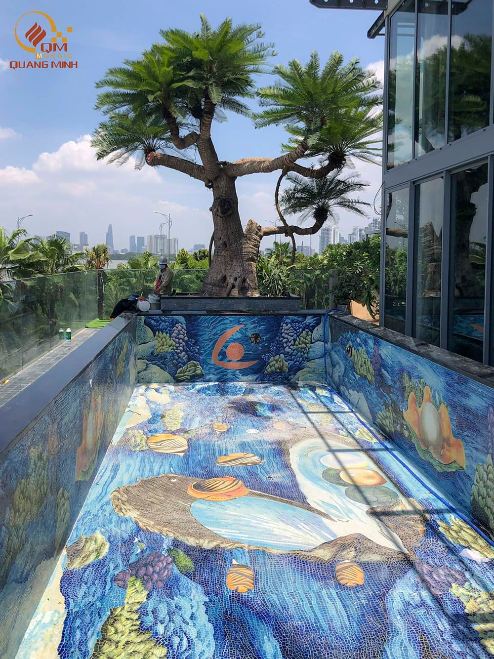 Thi công gạch mosaic gốm bể bơi tại Đảo Kim Cương Sài Gòn