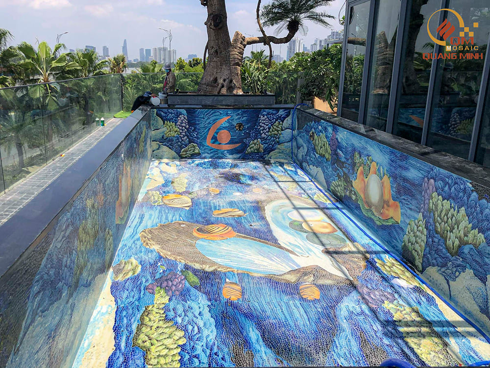 Thi công gạch mosaic gốm bể bơi tại Đảo Kim Cương Sài Gòn