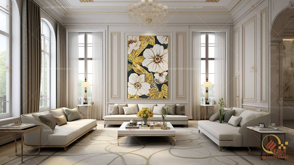 Phòng khách được mở rộng không gian nhờ tranh gốm mosaic hoa lá