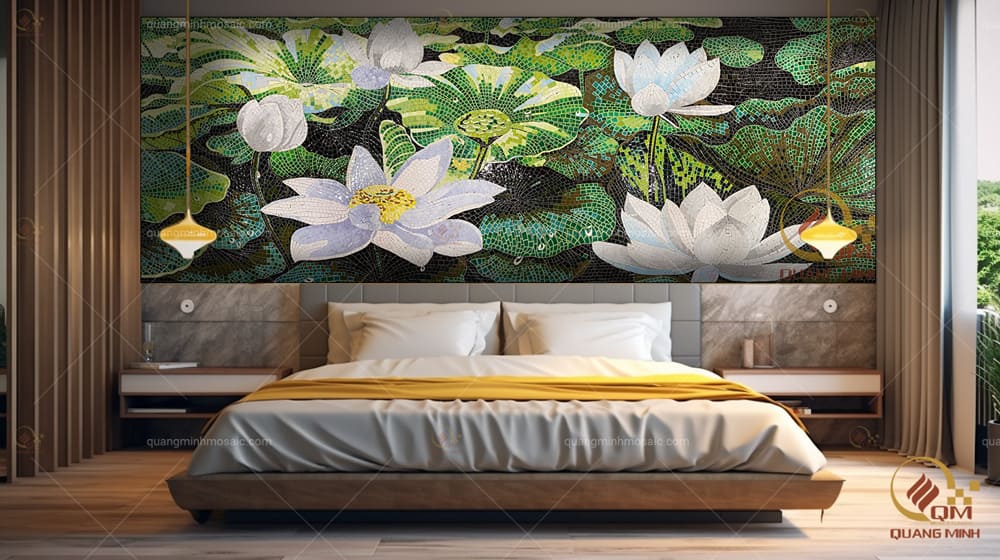 Tranh mosaic gốm hoa sen bạch liên QM-SBL02 trang trí phòng ngủ