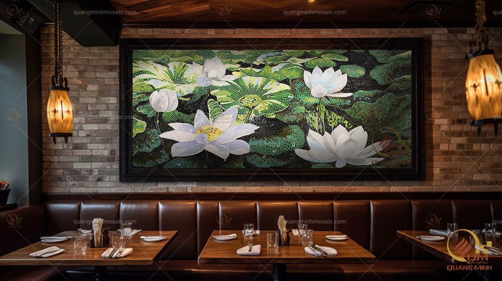 Tranh mosaic gốm hoa sen bạch liên QM-SBL02 trang trí khu vực ẩm thực