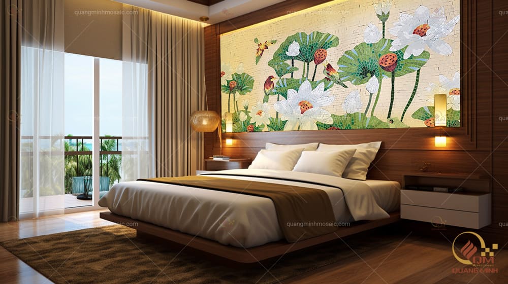 Tranh mosaic gốm hoa sen bạch liên QM-SBL04 ốp tường đầu giường phòng ngủ