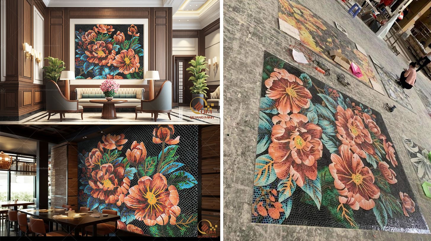 Tranh gốm mosaic hoa hải đường QM-HD01 trang trí nội thất