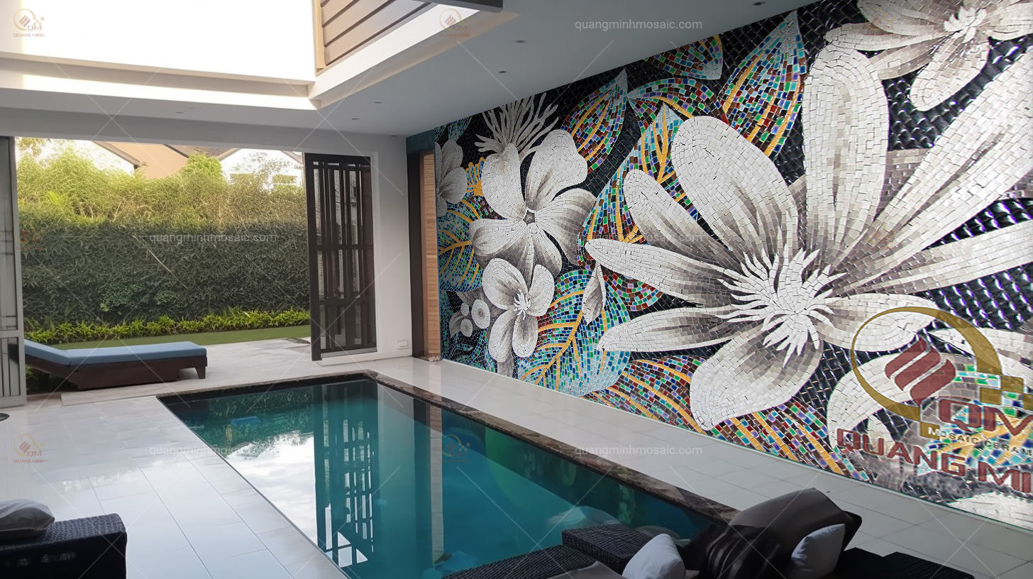 Tranh Mosaic Gốm Hoa Mộc Lan QM-HML01 trang trí bể bơi khách sạn