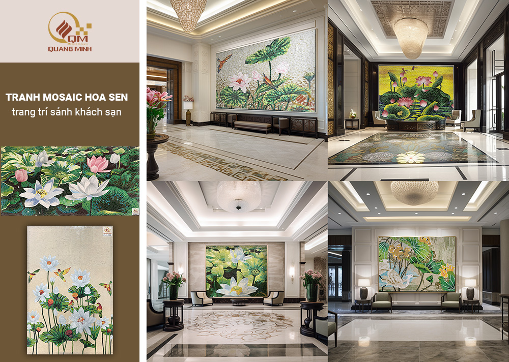 Tranh mosaic hoa sen trang trí sảnh khách sạn