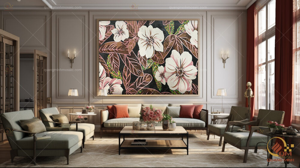 Tranh gốm mosaic hoa lá mang phong cách tân cổ điển cho phòng khách