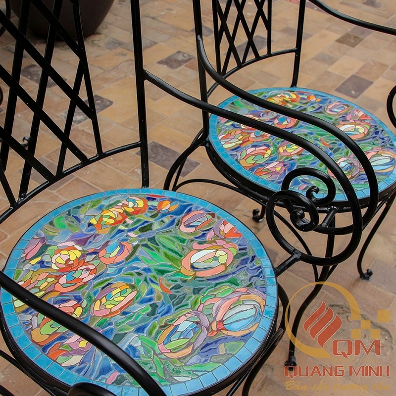 Bộ bàn ghế sân vườn khung sắt Mosaic gốm Water Lily QM-BD12