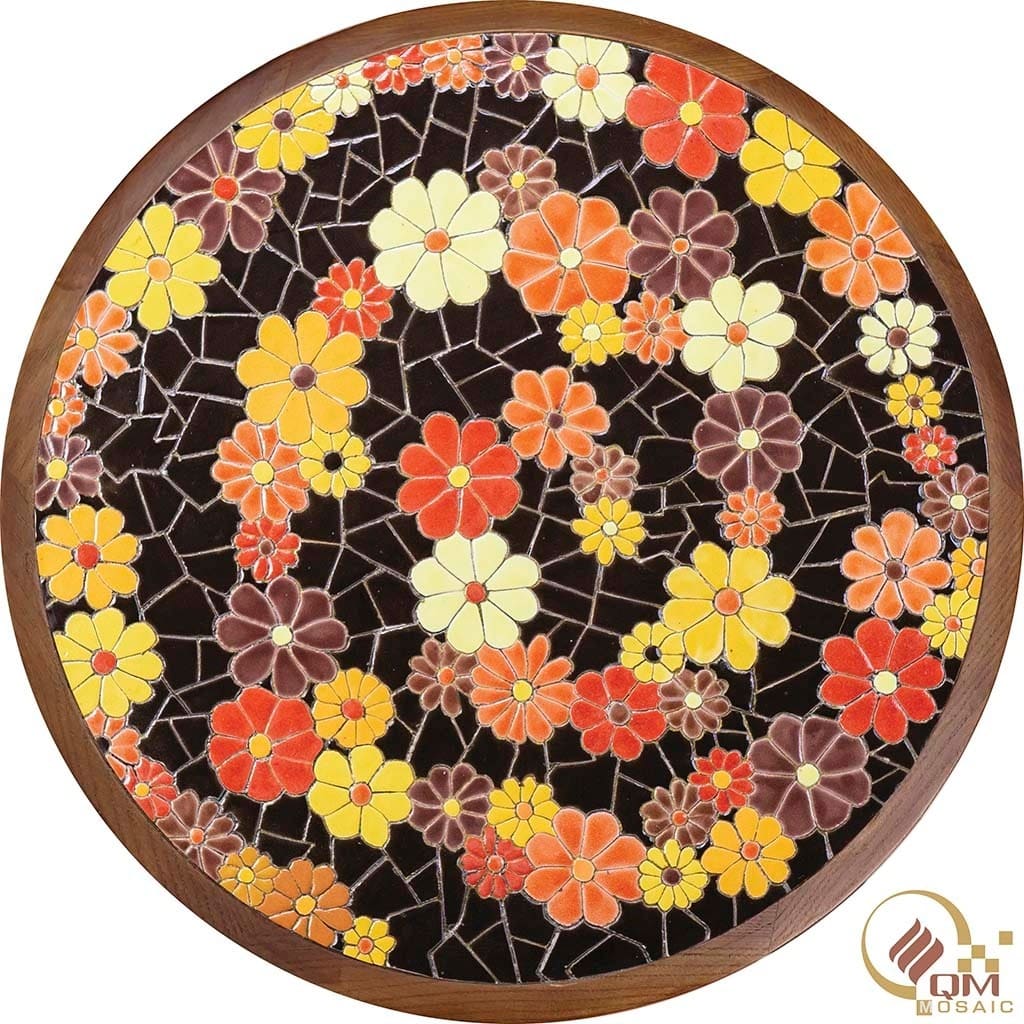 Bàn tròn khung gỗ mosaic gốm họa tiết Cúc Ngũ Sắc QM-BT06