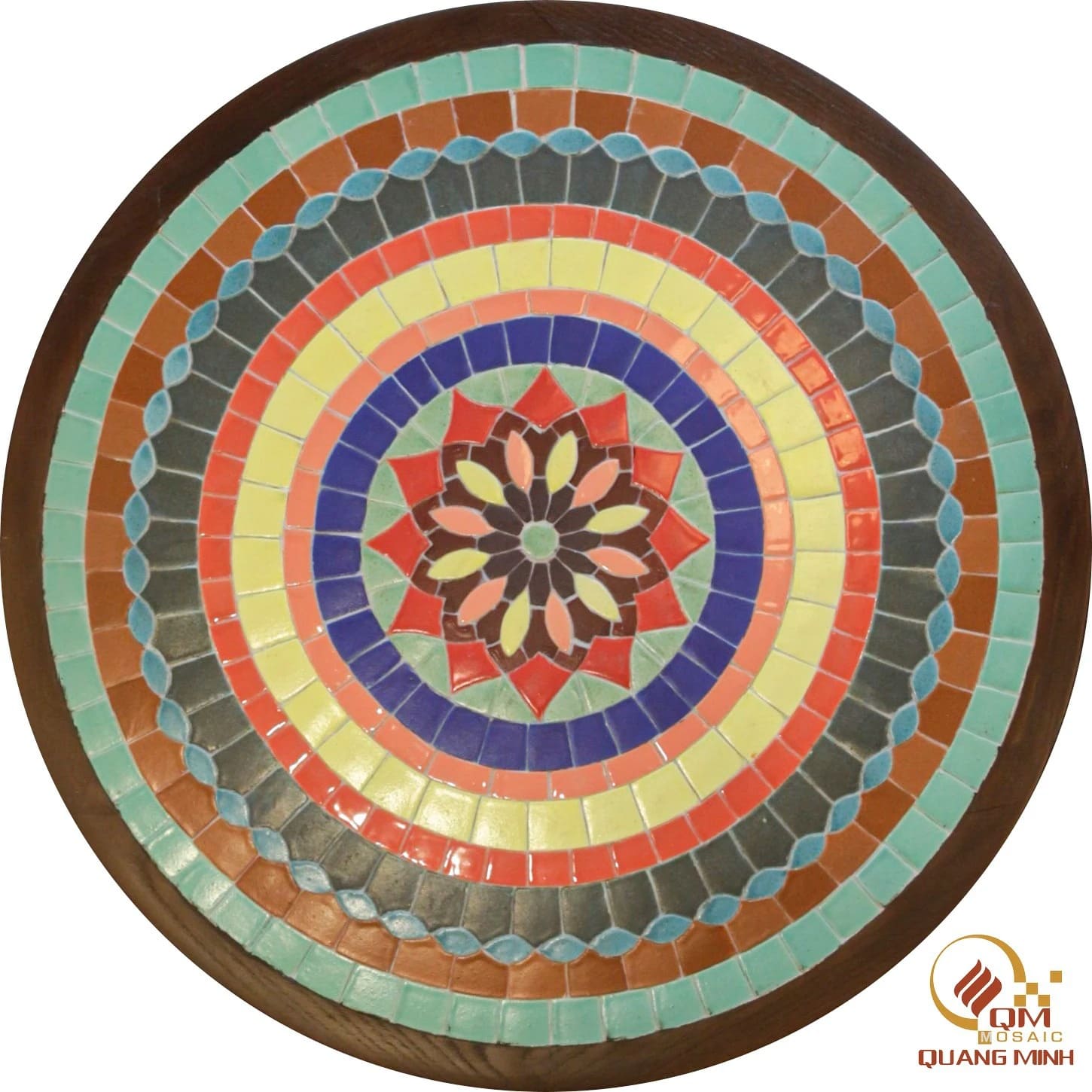 Bàn tròn khung gỗ gốm mosaic gốm Tâm Giao QM-BT15
