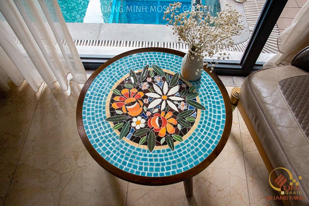 Bàn tròn khung gỗ gốm mosaic Hoa cỏ mùa xuân QM-BT07