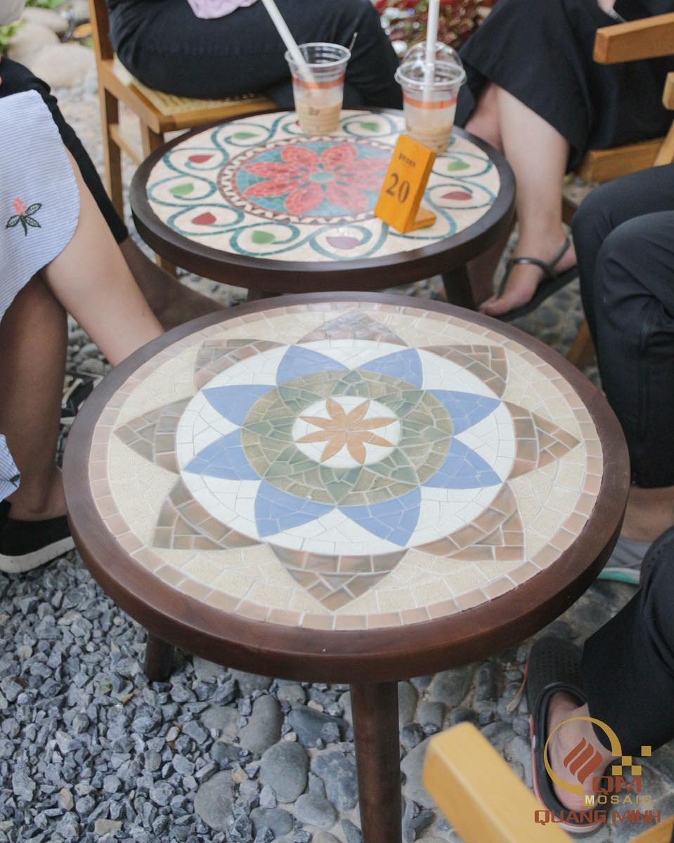Bàn tròn khung gỗ mosaic gốm Yên Hoa QM-BT16