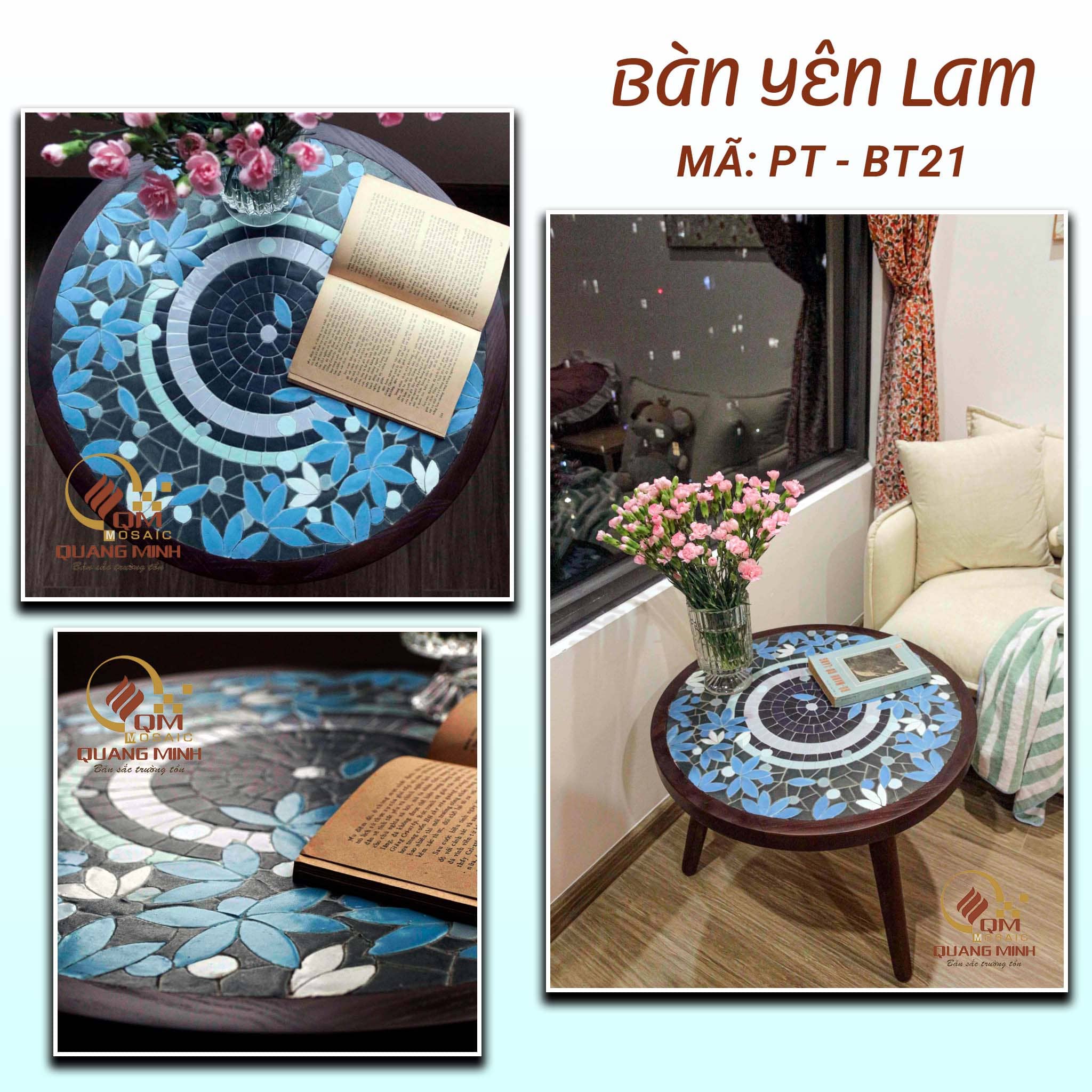 Bàn tròn khung gỗ mosaic gốm Yên Lam QM-BT21