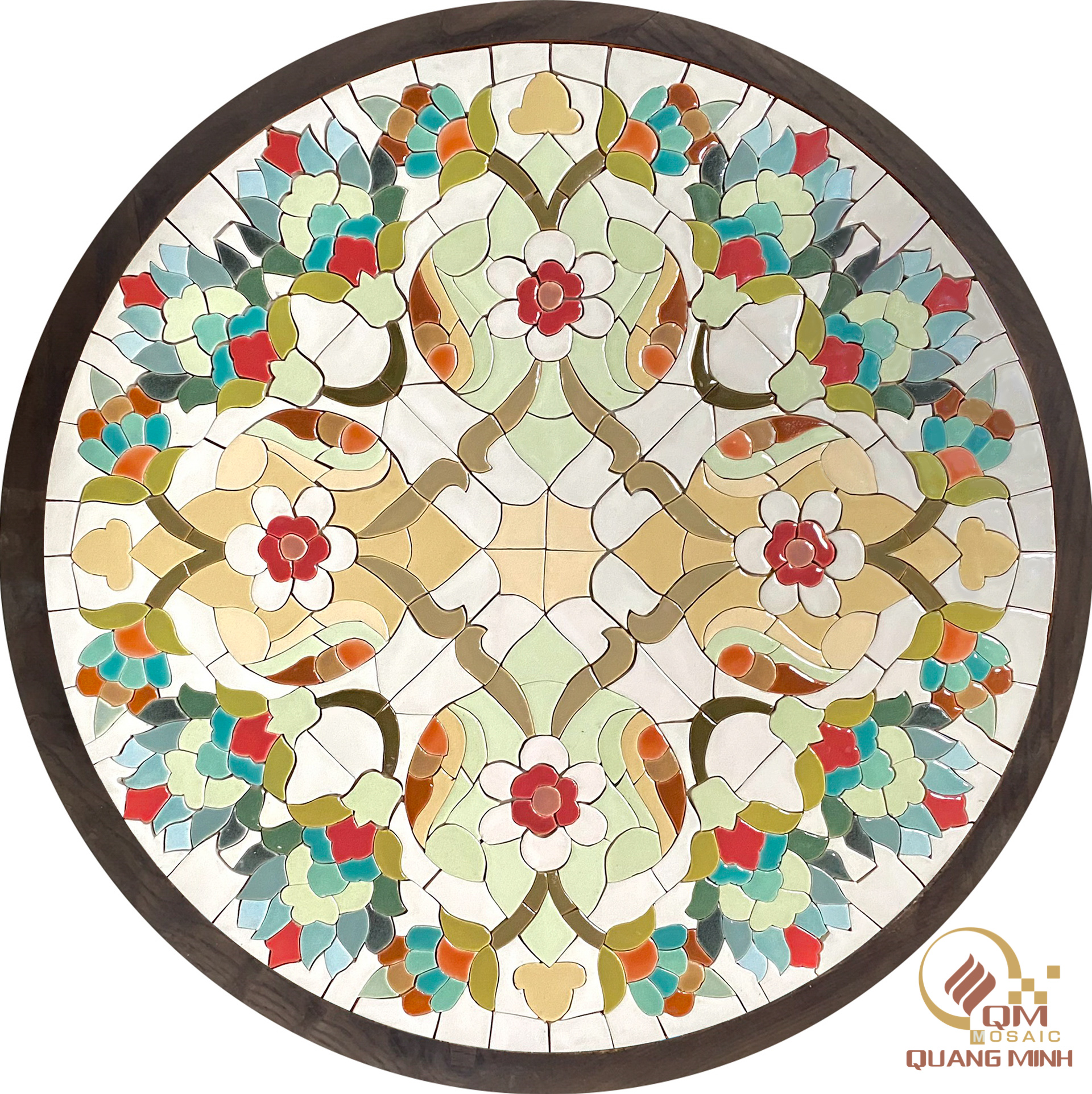 Bàn tròn khung gỗ mosaic gốm Mandala QM-BT26