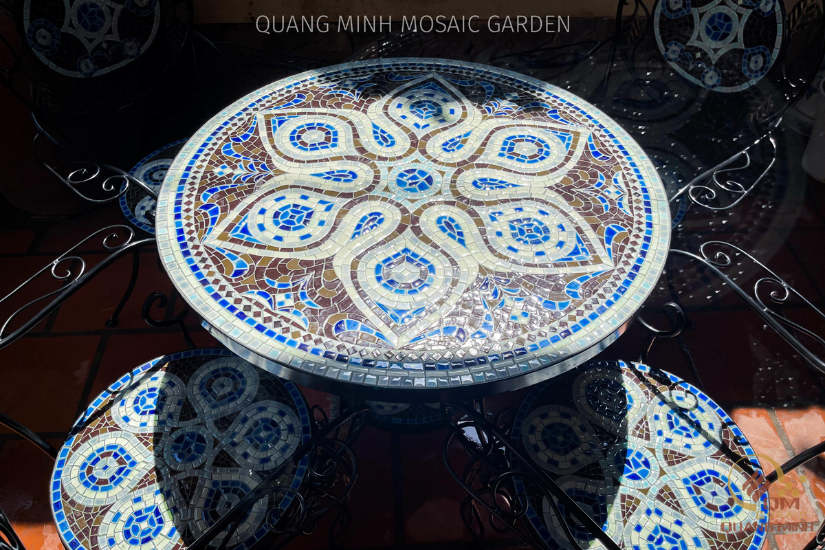 Bộ bàn ghế sân vườn khung sắt Mosaic gốm Hoa Sao QM-BD06