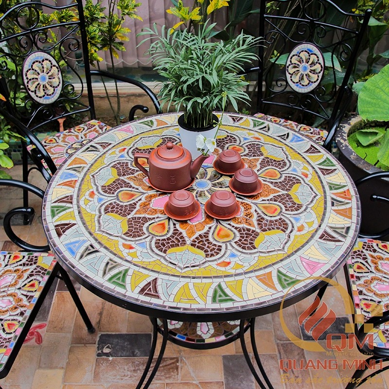 Bộ bàn ghế sân vườn khung sắt Mosaic gốm Sắc Xuân QM-BD08