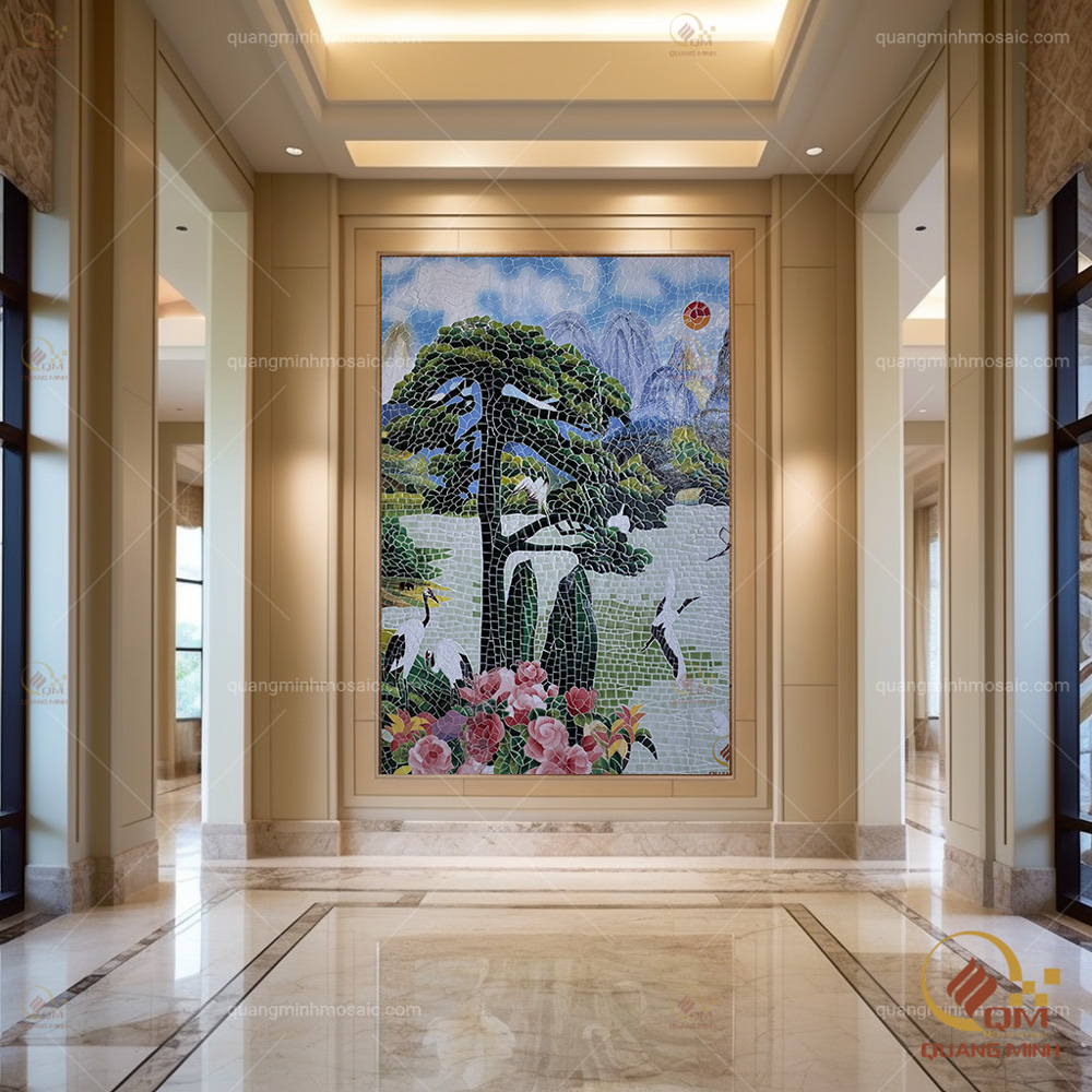 Tranh gốm mosaic Tùng hạc cỡ lớn đặt tại đại sảnh khách sạn