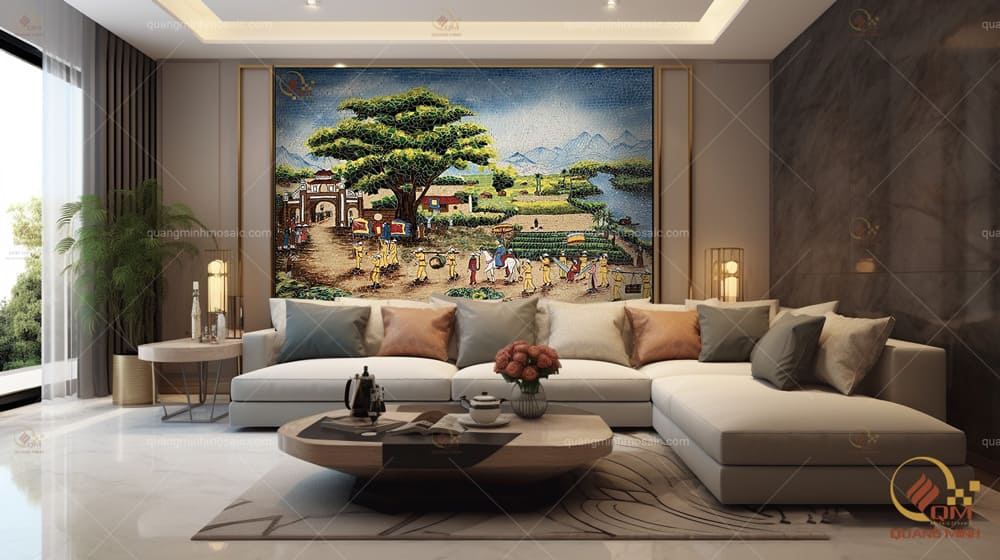 Tranh mosaic gốm phong cảnh giúp cho không gian phòng khách sang trọng hơn