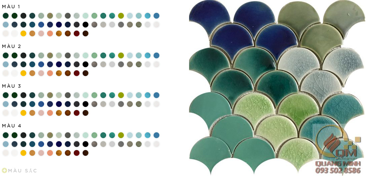 Gạch mosaic vẩy cá có nhiều màu sắc phong phú và đa dạng, phù hợp với nhiều phong cách thiết kế