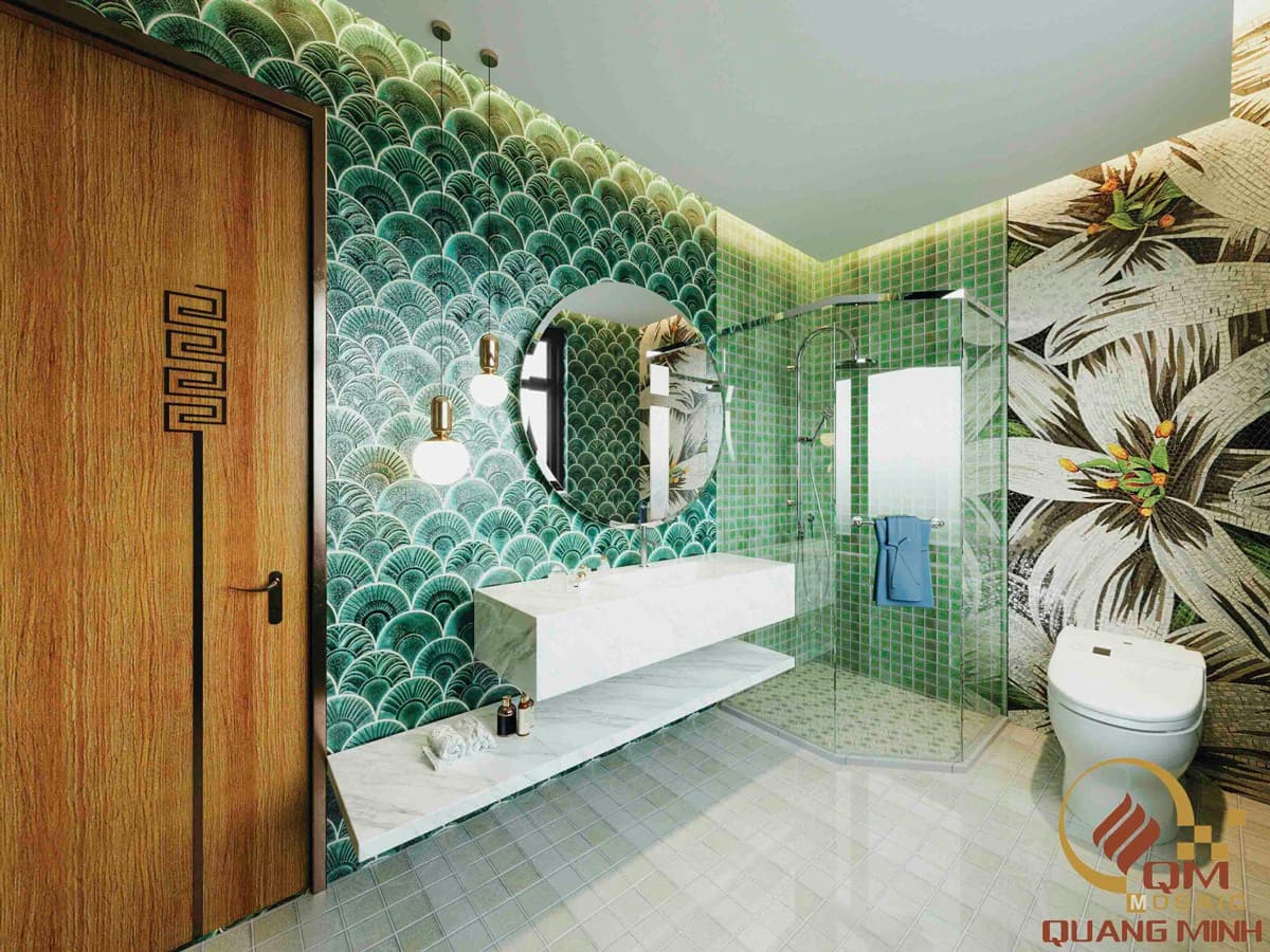 Hình ảnh gạch mosaic vảy cá được trang trí trong phòng tắm của một khách sạn cao cấp