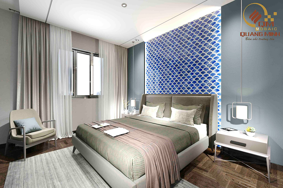 Gạch mosaic vảy cá màu xanh nước biển sử dụng trang trí phòng ngủ 